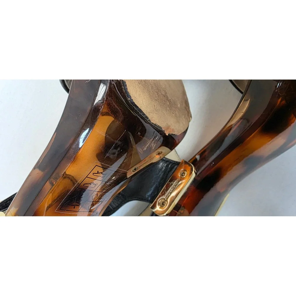 Michael Kors Black Leather Tortoise Shell Gold‎ Stiletto Sandals Heels Womens